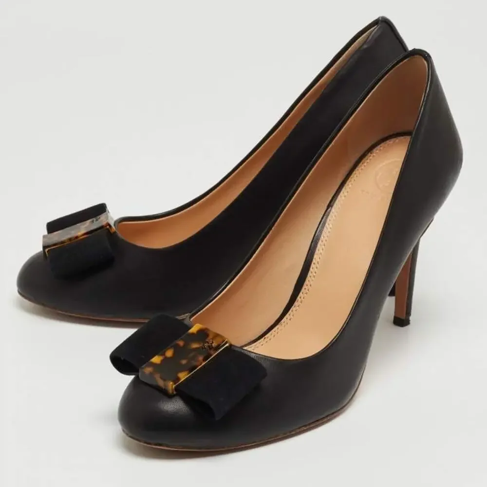 Tory Burch Black Leather Pumps Tortoise Logo Bow Heels Size 8 Classic Preppy